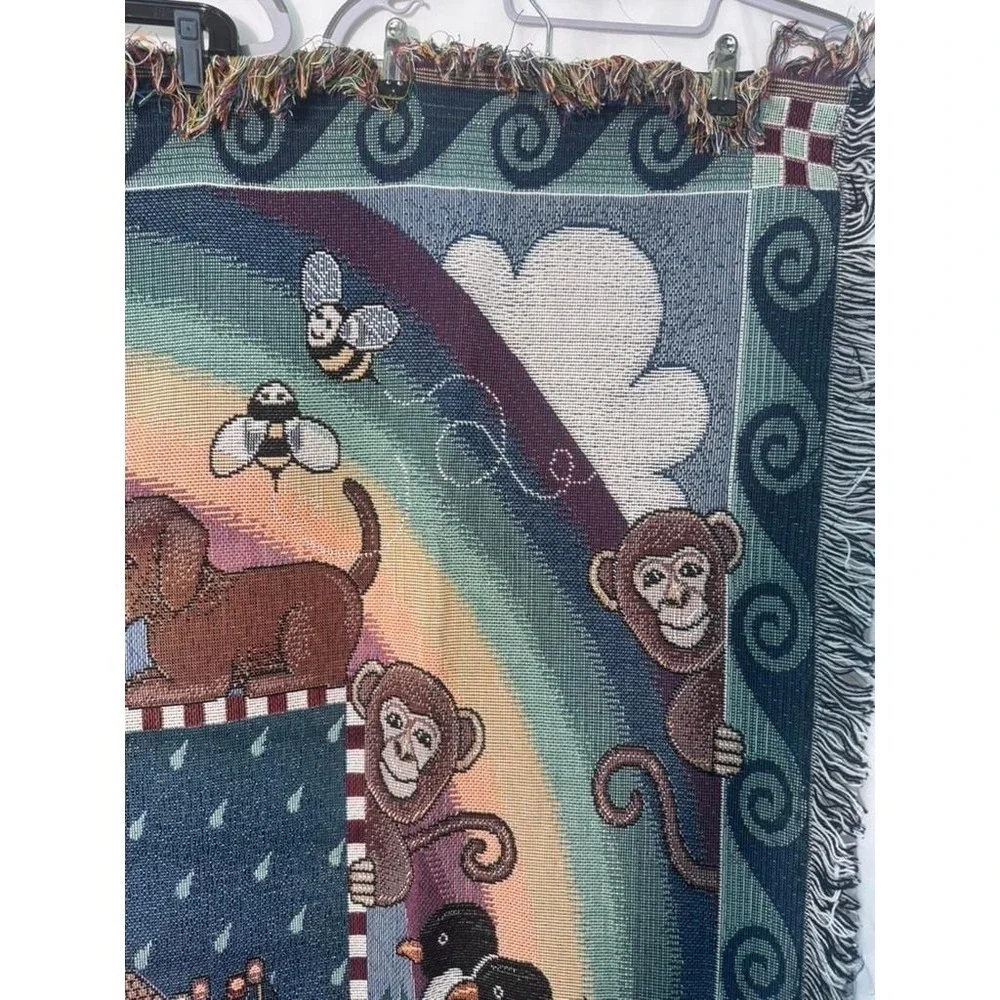 Vintage Folkart‎ American Weavers Noah's Ark Tapestry Throw Blanket Americana